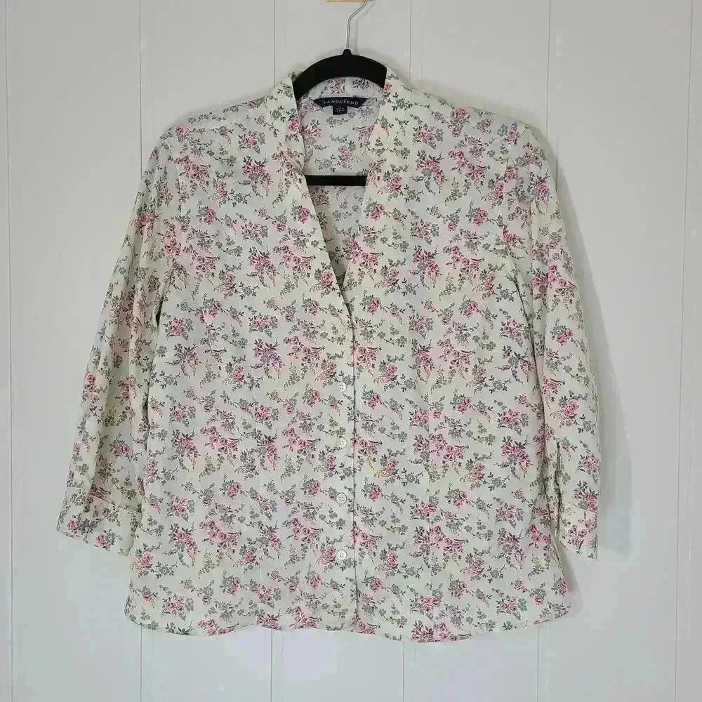 Lands End Ditsy Floral 3/4 Sleeve Button Down Shirt Size 12P